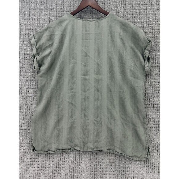 Chicos Womens Shirt 2X Olive Green Button Down Short Sleeve V-Neck Stripe Patter - Picture 2 of 8